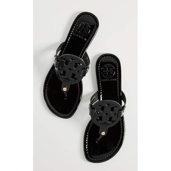 Tory Burch Miller Sandals Black Patent Leather Logo Thong Flip Flops Women Sze 9 - Picture 14 of 14